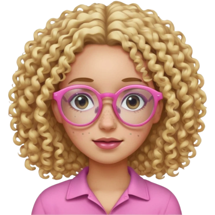 Innocent blonde woman with black eyes, curly hair and light skin and pink glasses and freckles  emoji