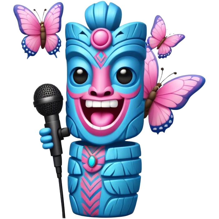 Cartoon Blue and pink tiki singing with butterfly and mikrophone emoji