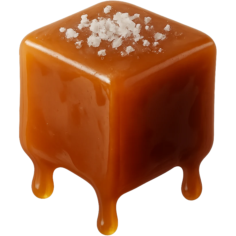 realistic cube-shaped caramel toffee piece, glossy, with drops of caramel dripping off, no face, no cartoon or drawn style, with a hint of sea salt on top emoji