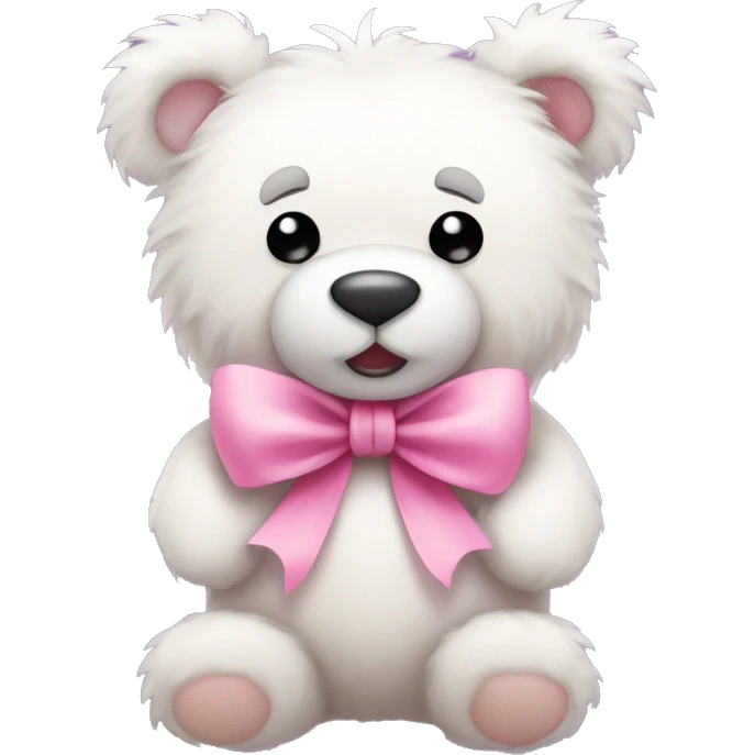 white fluffy teddy bear wearing a pink bow and holding a pink hart emoji