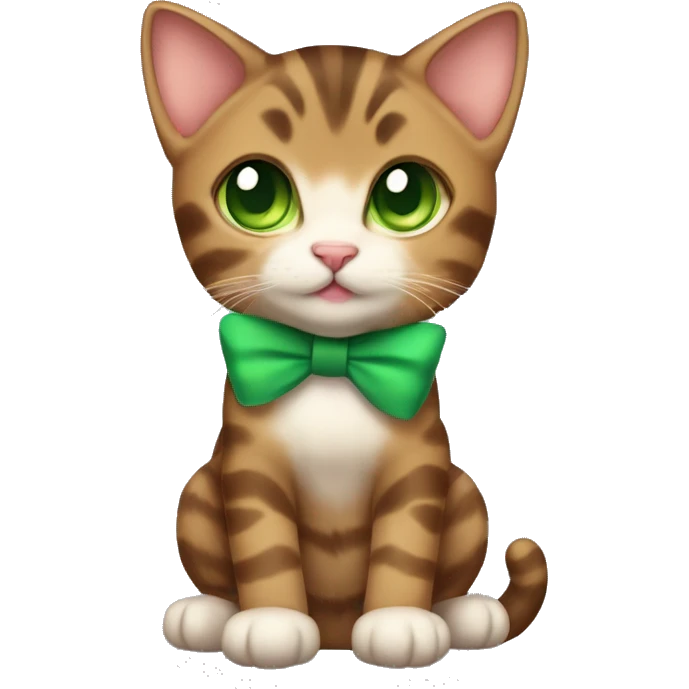 kawaii brown tabby kitten with green eyes and bow on top of head full body emoji