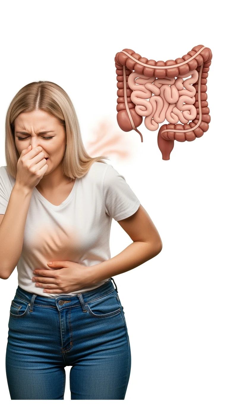 DONNA CHE SI TIENE LA PANCIA CON LA MANO E SI TAPPA IL NASO PER LA PUZZA, INTESTINO UMANO ANATOMICO IN EVIDENZA, ISOLATA SU SFONDO BIANCO emoji