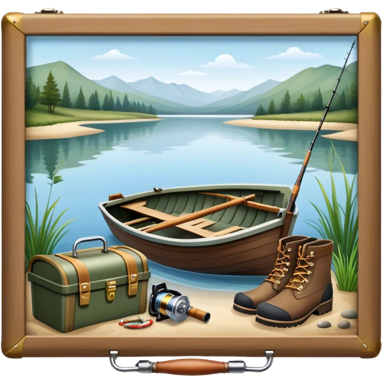 Icon for Fishing: a boat on the shore of a peaceful water body with a beautiful natural landscape, a fishing tackle box, a spinning rod, and boots nearby. The icon should capture the tranquility and gear of a fishing adventure. Transparent background. emoji