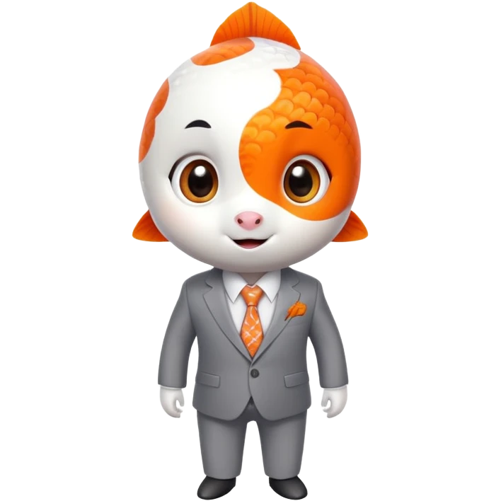 A super cute and fun koi fish character with big anime eyes, rosy cheeks, playful smile, sleek rounded body with orange and white patterns, wearing a neat business suit, white shirt, and tiny tie emoji