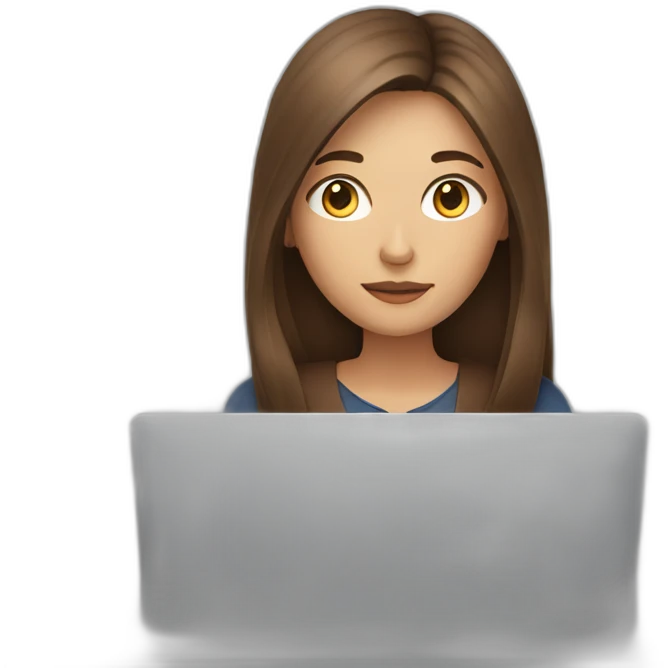 a woman with long brown hair focusing on a computer emoji