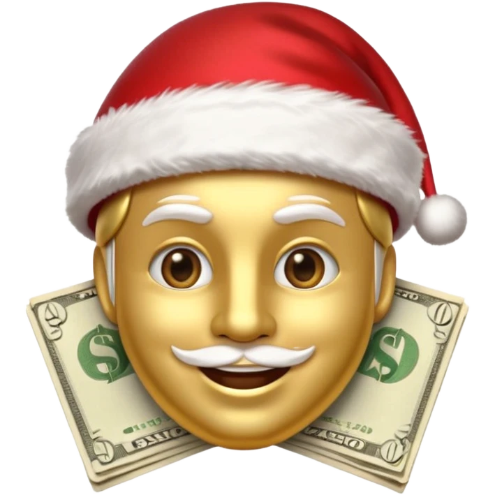 A confident rich emoji face wearing a Santa hat, money stacks, casino vibe, New Year theme, premium 3D emoji style, sharp details, no text, isolated on transparent background emoji