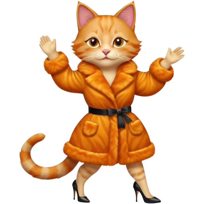 a dancing ginger cat in fur coat and high heels emoji