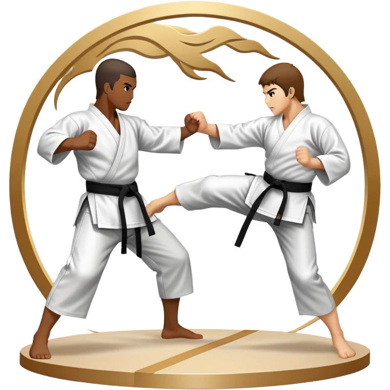 An icon symbolizing traditional Karate, featuring two opponents in a fierce battle. One fighter is delivering a high kick, while the other blocks the attack with a strong defense. The background reflects the calm yet intense atmosphere of a dojo, with traditional elements. Transparent background  emoji