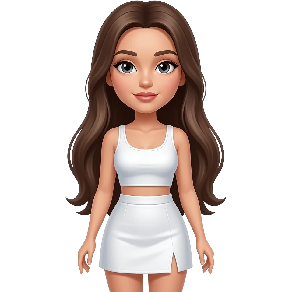 I want her hair is long and brown straight and shes not fat and she have eyeliner and shes beutiful also make her wearing a white crop top and short skirt emoji