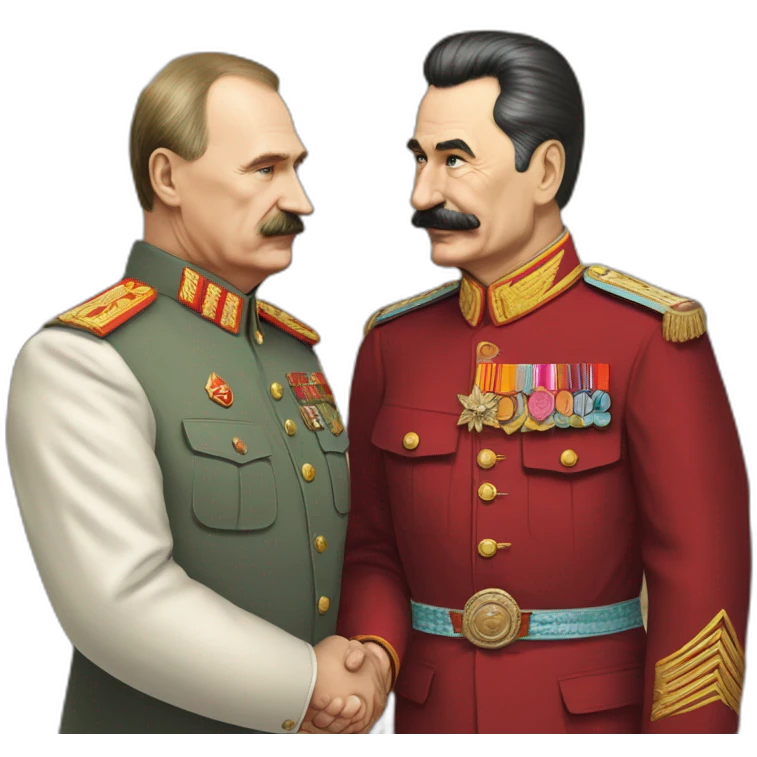 Stalin shakes Putin's hand. Putin without a mustache in a suit, Stalin in a tunic emoji