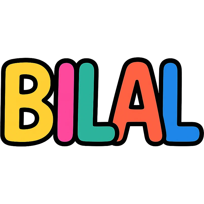 the name 'Bilal' in colorful outlined comic style, Slack emoji style, transparent background emoji