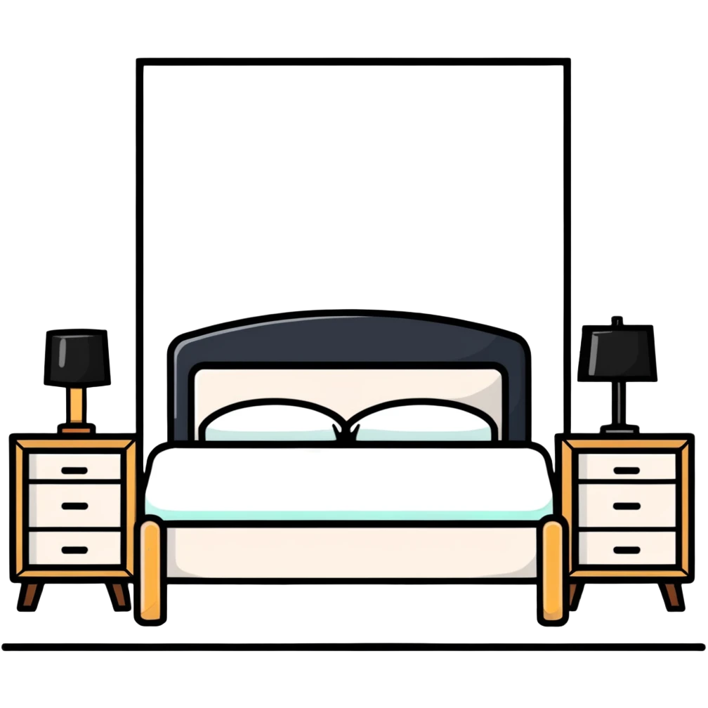 clean bedroom with white walls, bed, nightstand and dresser emoji