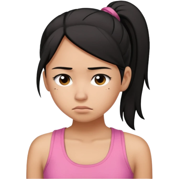 A tan girl with black hair in a ponytail. Wearing a pink tank top. Looking sad emoji