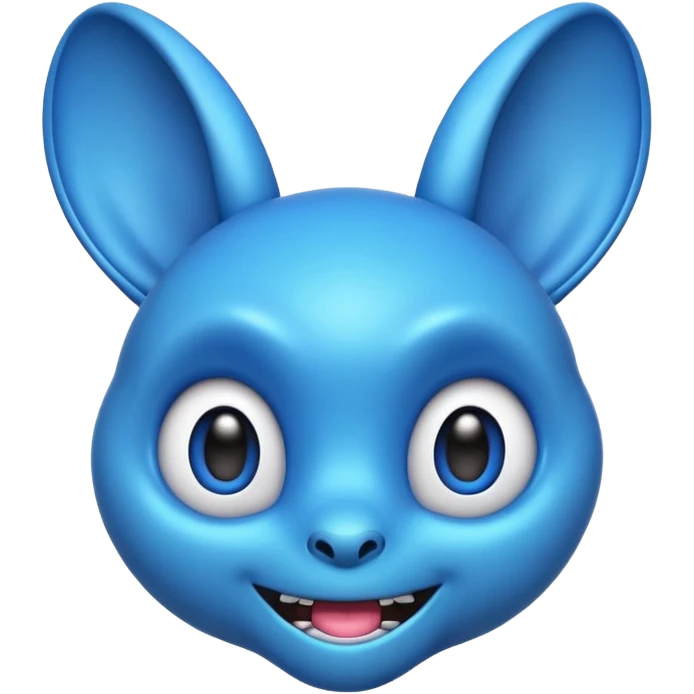 cute blue alien emoji with big floppy ears, sharp teeth, wide eyes, mischievous smile, fun, playful, friendly but a little wild, vibrant 3D emoji style, soft shading, bold outlines, round emoji head format, Apple or WhatsApp style emoji