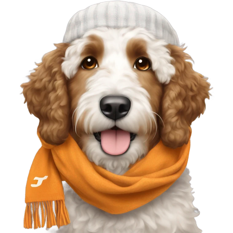 Bernedoodle with University of tennessee hat and scarf emoji