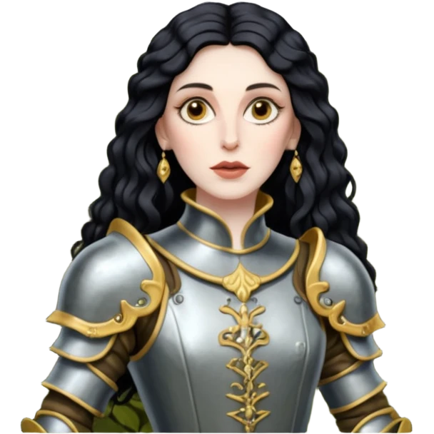 realistic cinematic actress Cher in baroque styling with dirty armor in a forest emoji