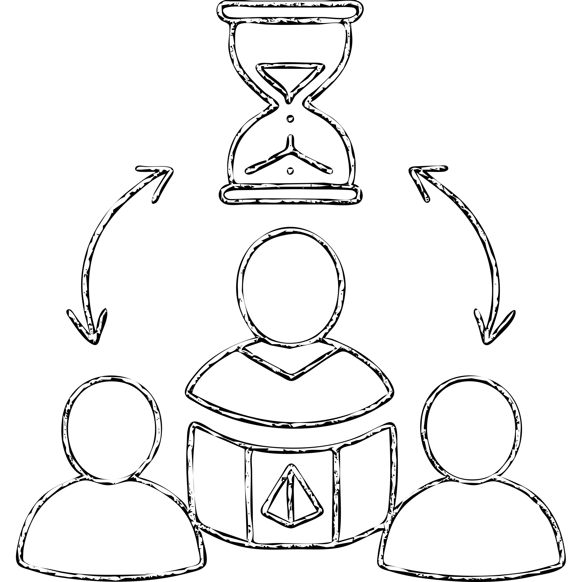 minimalist hand-drawn outlined icon of players and a game master collaborating, with a clock or hourglass representing a multi-day marathon, worn and distressed effect emoji