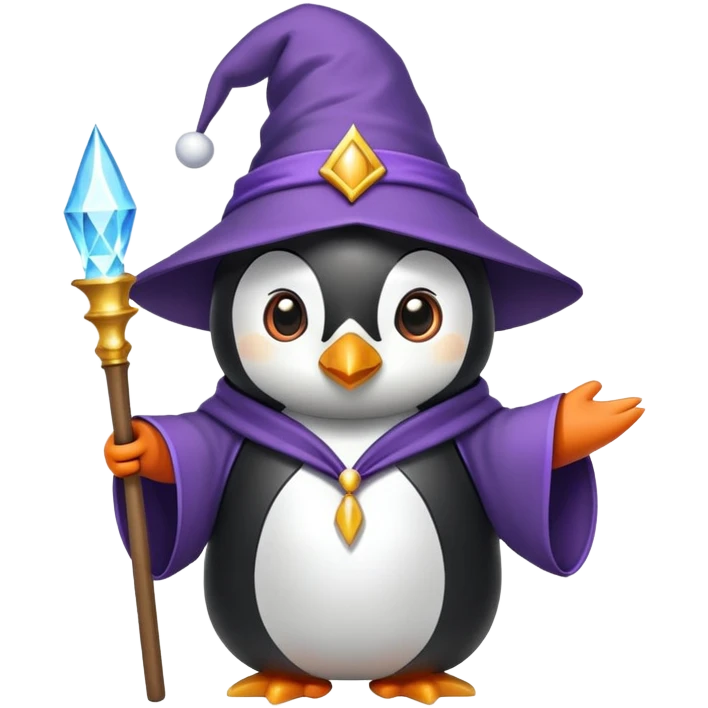 penguin wearing wizard hat and robe casting magic emoji