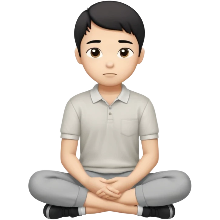 Cartoon Asian boy sitting cross-legged, clearly resting his closed fist against his cheek, looking thoughtful with a slight smirk. White polo, gray pants, black shoes, large eyes, short black hair. Clean vector style, flat colors, black background. emoji