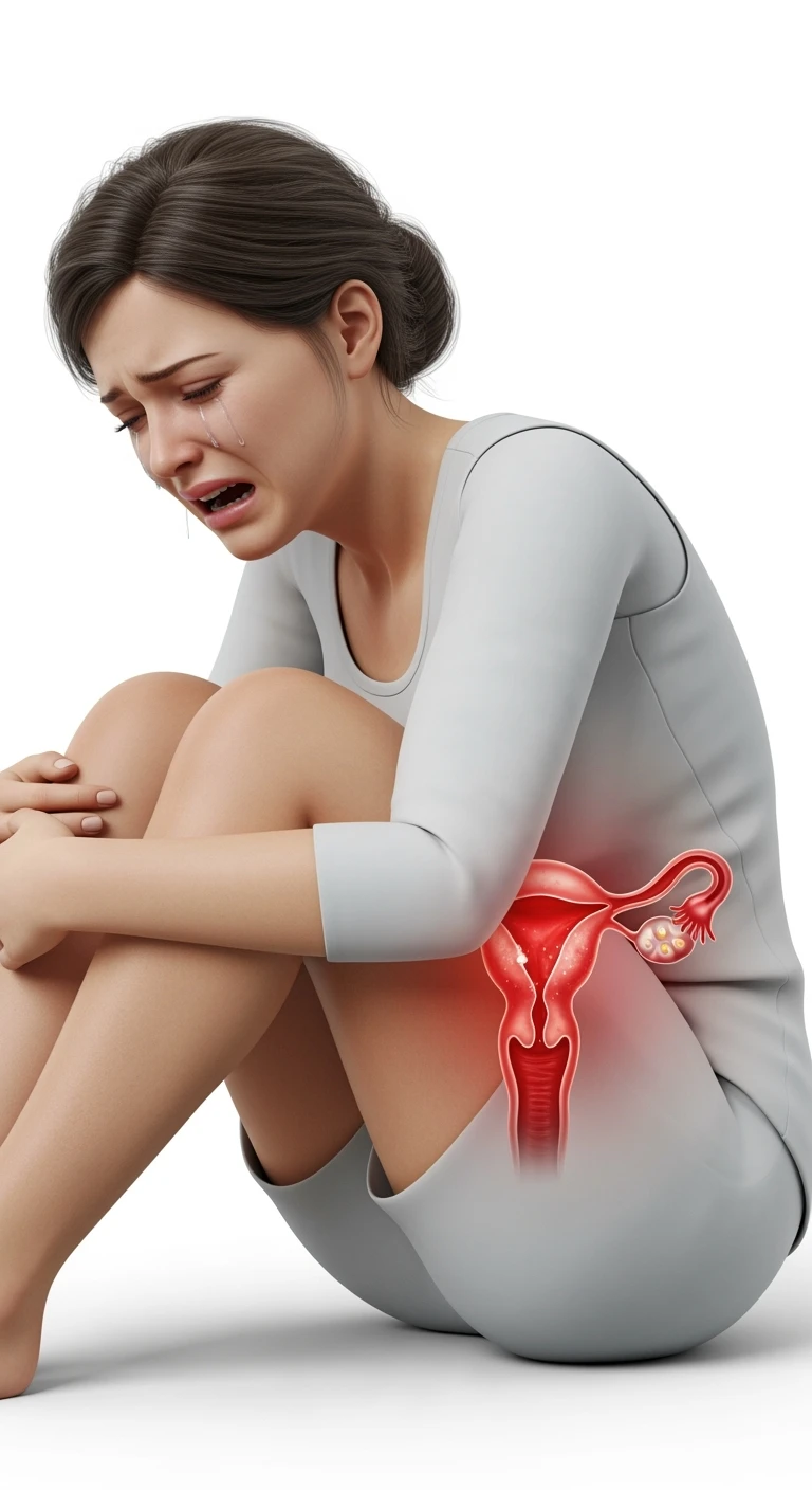 donna con utero umano realistico in evidenza dolorante, espressione di dolore in volto, sfondo bianco emoji