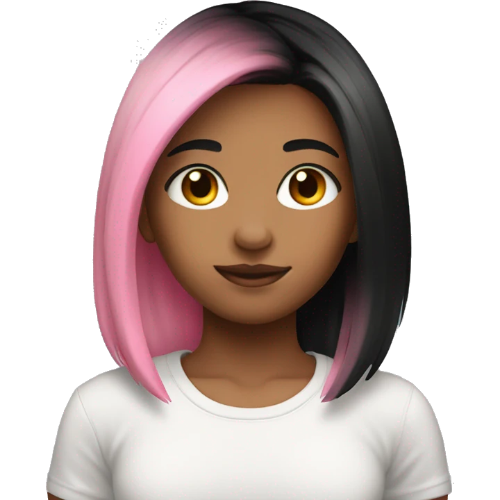 A 17-year-old girl with pink and black gradient hair and a black t-shirt emoji