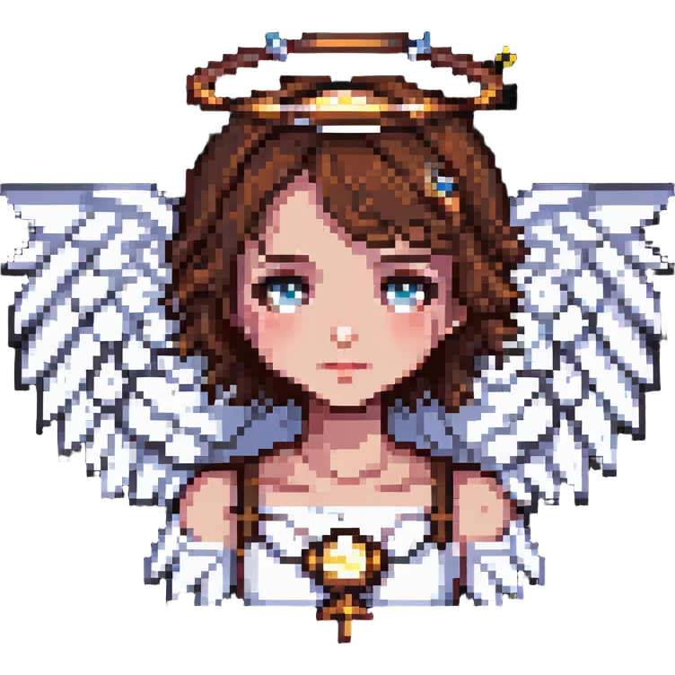 gothic girl with fair skin and short brown hair, angel wings and a halo, pixel art style emoji