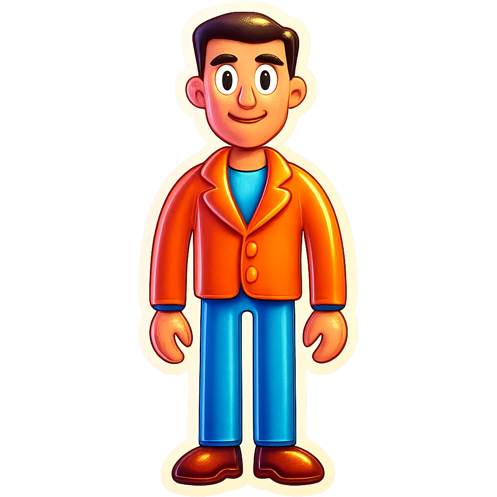 Add a shirt and trousers to the tall, thin man emoji, keep the style and friendly expression, no background. emoji