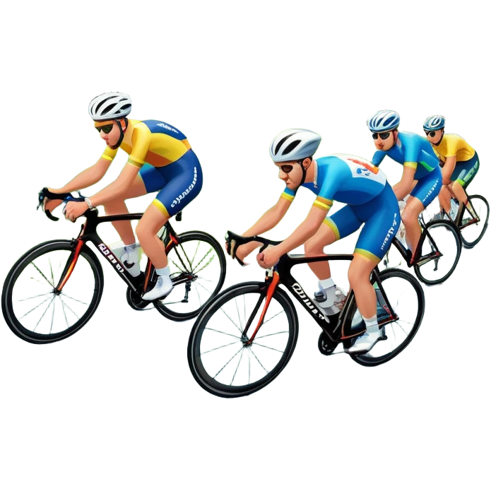 A dynamic icon of a professional cycling race. Cyclists in colorful jerseys speed along a winding road, their bikes leaning into the turn. The background showcases rolling green hills, a bright blue sky, and cheering crowds along the roadside. The scene radiates energy and motion.  emoji