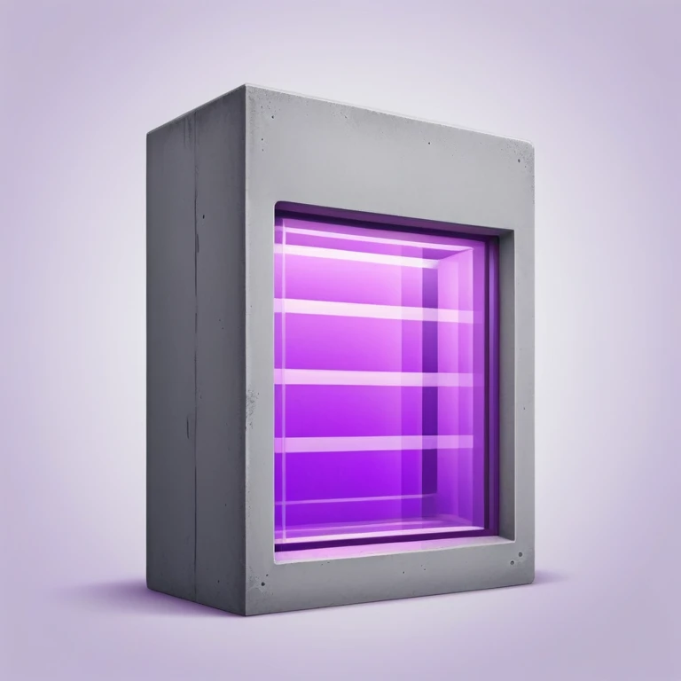 Minimalist gray concrete panel building with one window glowing bright purple from grow lights inside, simple rectangular structure emoji