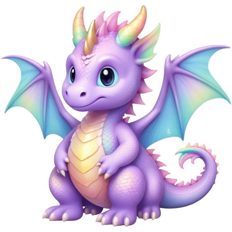 Cinematic fluffy pastel dragon, tiny round wings, chubby feet, sparkling gentle eyes, delicate glowing scales, soft colors blending magically, enchanting and whimsical. emoji