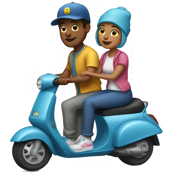 man and woman sitting on a scooter wearing   sweatpants and caps emoji