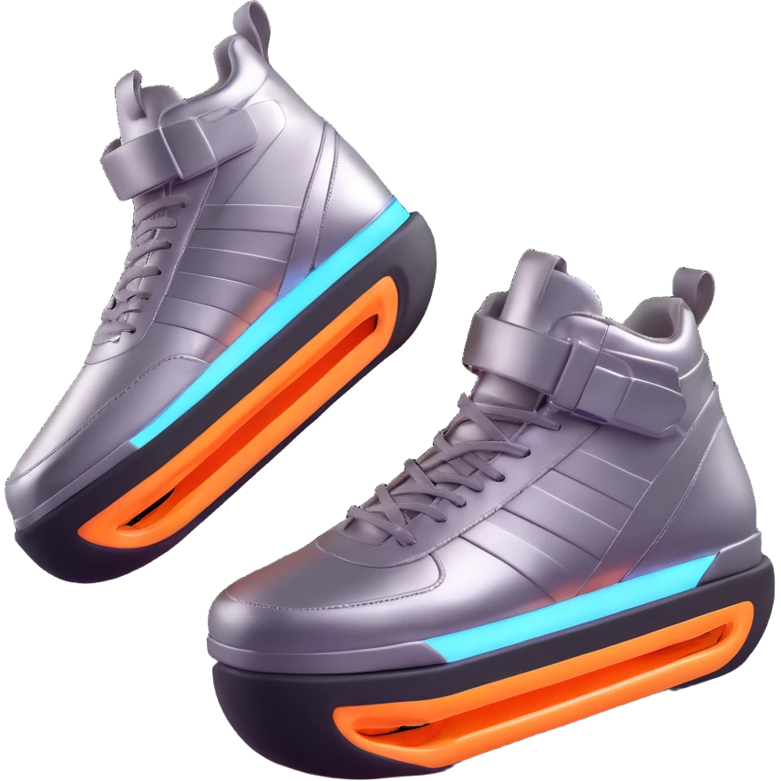 trampoline shoes, futuristic, metallic, dynamic pose, white background emoji