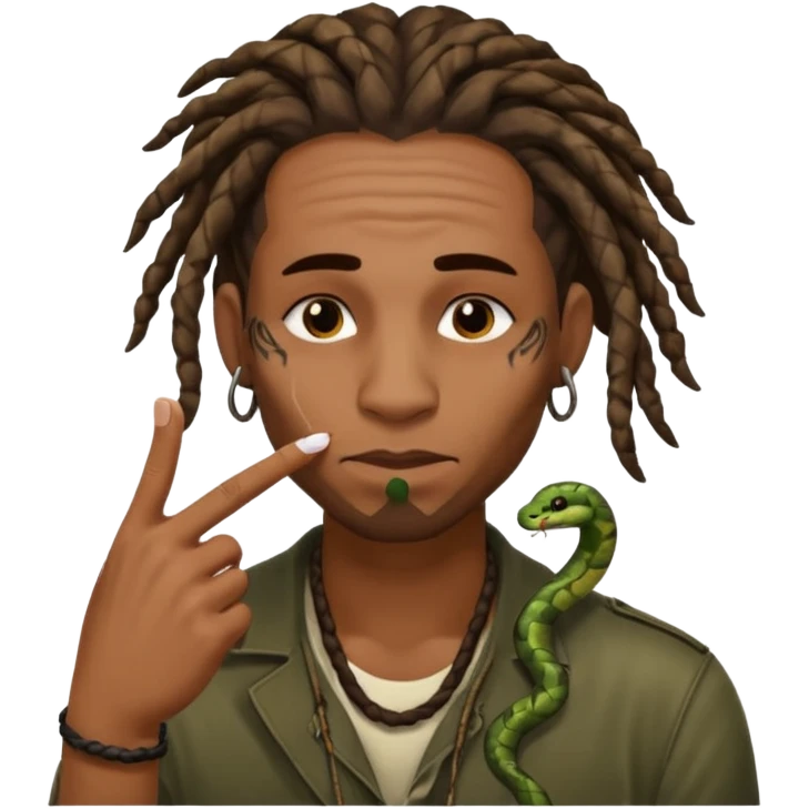 Black man with dreads and snake tattoo on forehead wiping his nose perpendicular with index finger emoji
