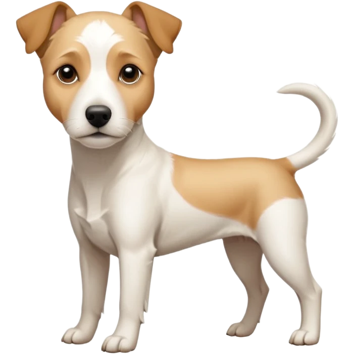 a full body facing front on of a buff white parson russell terrier looking dog the size of a kelpie with light brown long ears resting on its face and a light brown patch above one eye and a large snout. the rest of the dog is completely white.  emoji