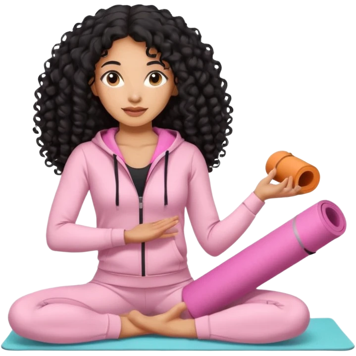 Mixed-race athletic woman with caramel skin, long black curly hair, wearing pastel pink tracksuit, holding a rolled yoga mat emoji