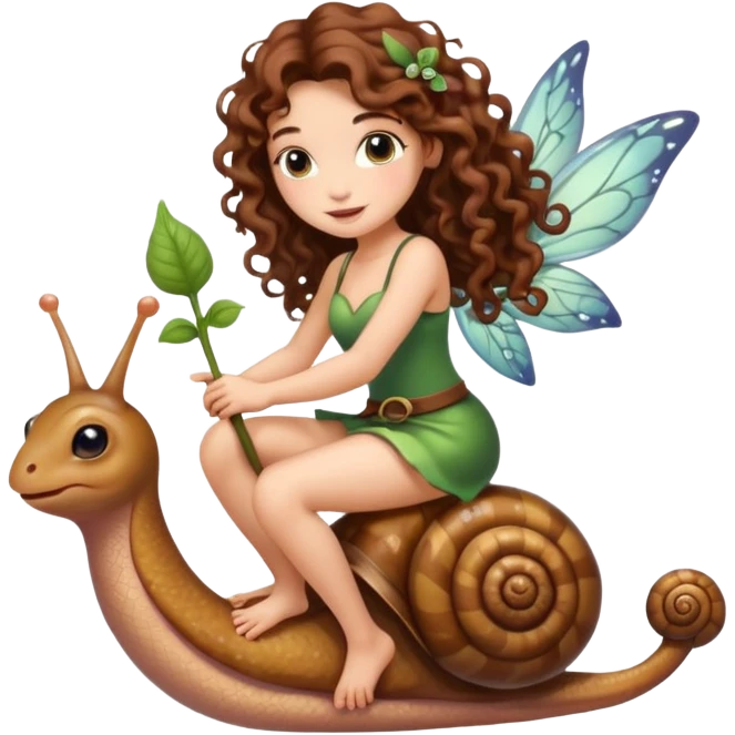 cute fairy woman long curly brown hair tattoos riding tiny snail emoji