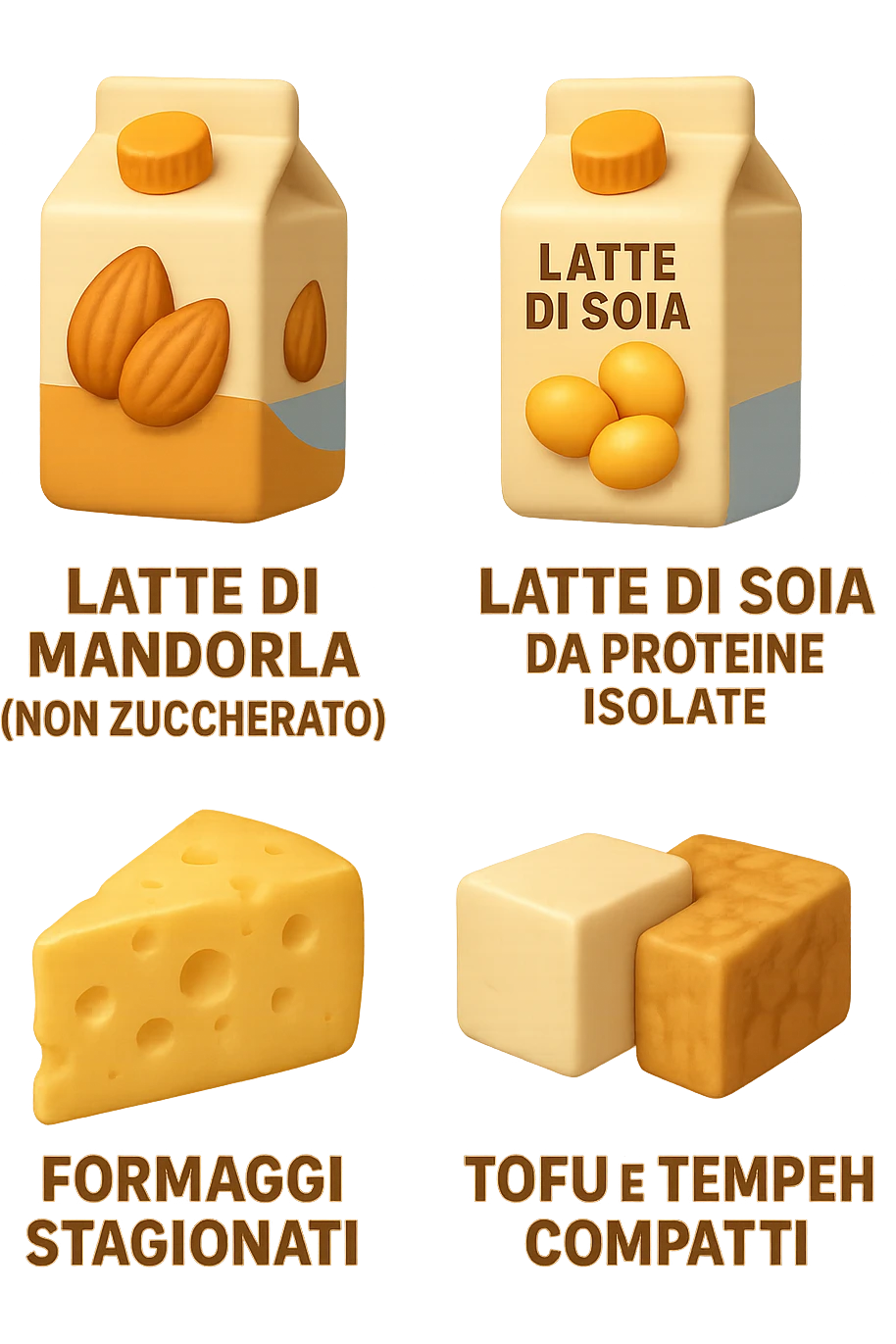 emoji stile iphone 3d di Latte e yogurt delattosati in italiano
Latte di mandorla (non zuccherato)
Latte di soia da proteine isolate
Formaggi stagionati (es. parmigiano)
Tofu compatto e tempeh
 che fluttuano in aria, iperealistico 4k emoji