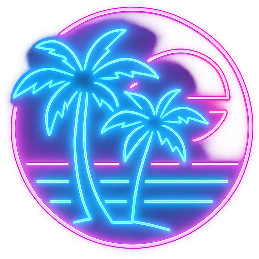 retro neon icon with Miami Vice City vibe, light pink and blue colors, palm trees, glowing 80s look, no text, vibrant and retro emoji