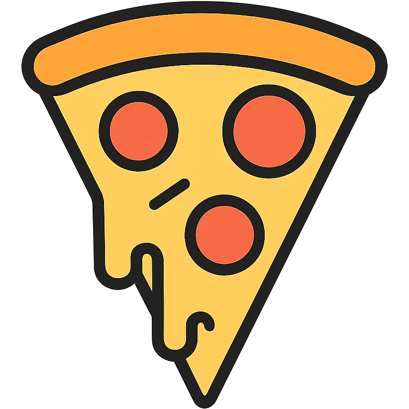A colorful triangular pizza slice with melted cheese and pepperoni toppings emoji