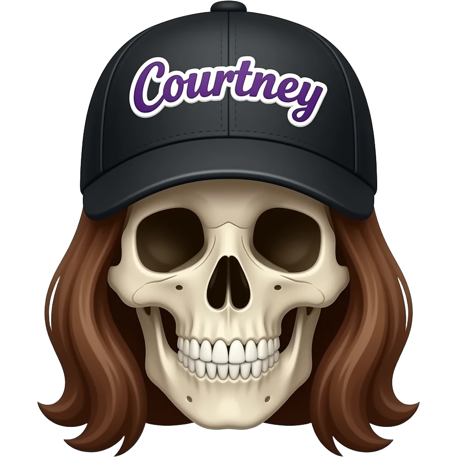 A skeleton head wearing a black baseball cap that says "Courtney" with purple lettering and white bordering, with long brown hair emoji