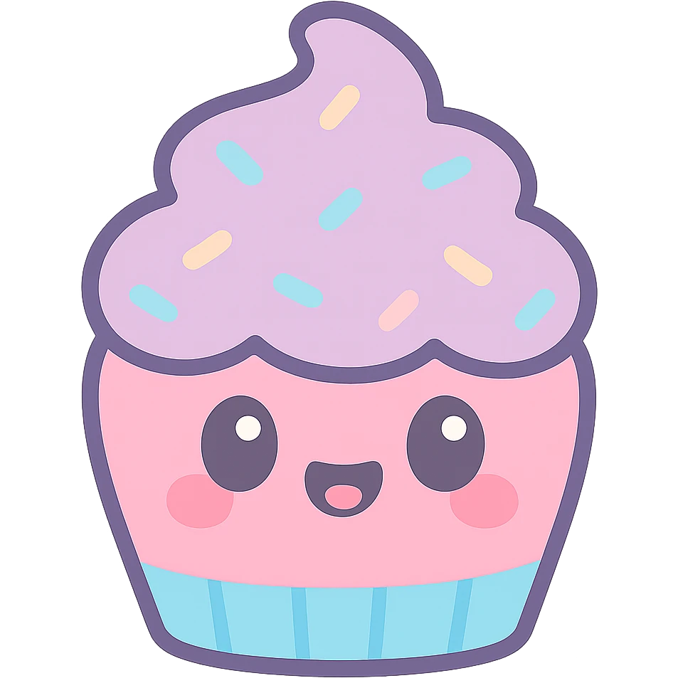 kawaii style cupcake, cute smiling face, pastel colors, big eyes, sprinkles, cheerful and sweet emoji