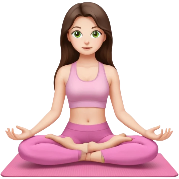 Brunette long hair and green eyes yoga beautiful girl in light pink pink pink clothes sitting on a yoga mat emoji