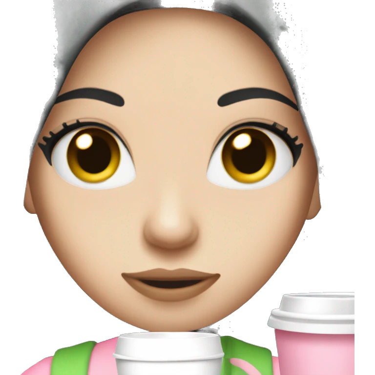 pretty woman with pale skin, very long black hair and green eyes and light pink outfit holding a pink coffee cup emoji