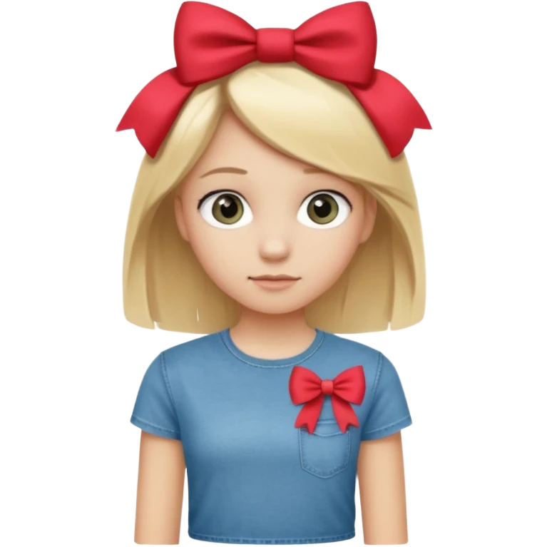 14 years old girl, with blonde hair, grey eyes. Wearing t-shirt and jeans. Wearing a bow emoji