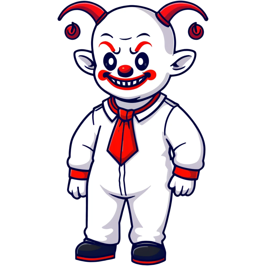 full-body demonic clown in a white leisure suit with bellbottom pants, bald, with black ram horns, wearing elevator shoes, cartoon sticker style emoji