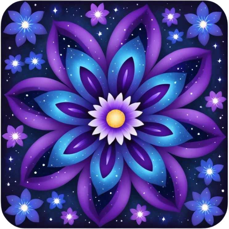 vibrant flower with petals resembling a galaxy nebula, deep blues and purples, scattered stardust emoji