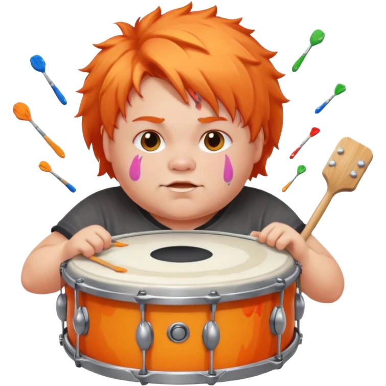 A chubby orange hair fan pounding a bass drum, cheeks puffing with energy with paints on his cheeks emoji