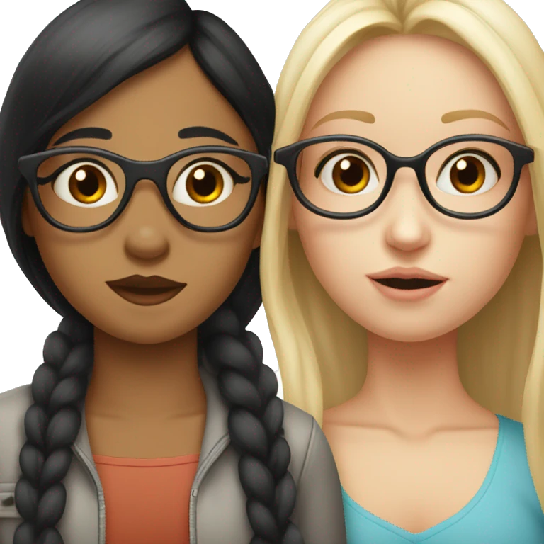 two girls kissing with black hair for both one with tan skin and glasses the other girl with pale skin   emoji