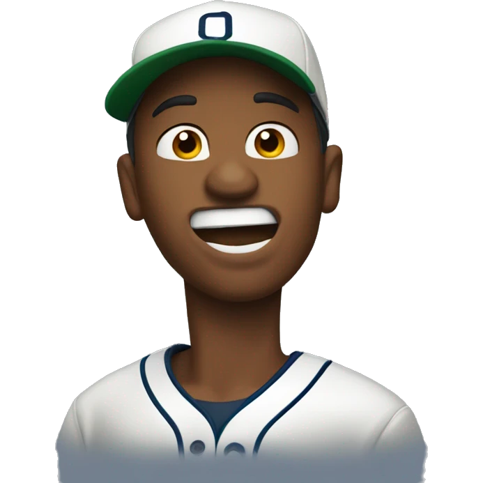 Guy with backwards baseball hat biting lip and pointing to his cheeck emoji