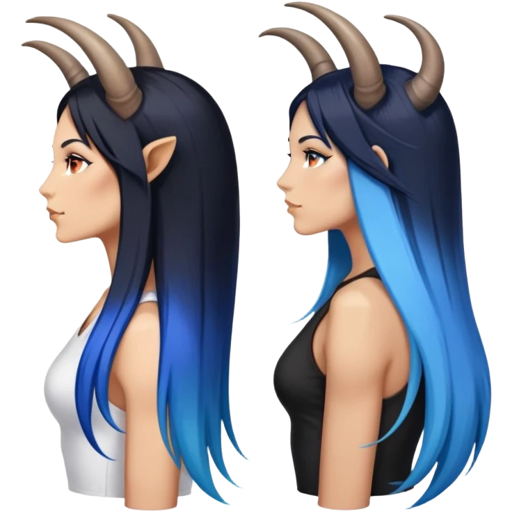 Art of woman's very sexy body scheme anatomy-very long straight black to blue hair ombre-right other side view-small goat horns emoji